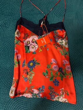 Superdry Red Floral Satin Camisole with Navy Lace Trim